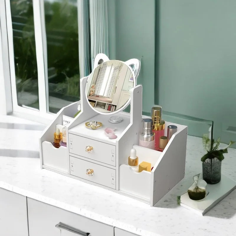 Organizador de Maquillaje con Espejo Giratorio 360° | Almacenamiento Versátil y Elegante