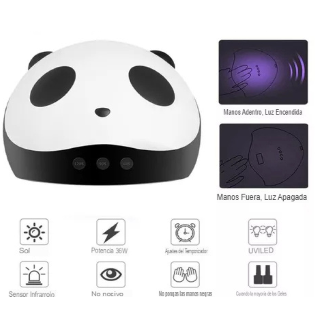Lámpara de Uñas Panda UV LED - Secado Rápido con 24 Luces LED, Configuración Personalizable y Modo de Baja Temperatura