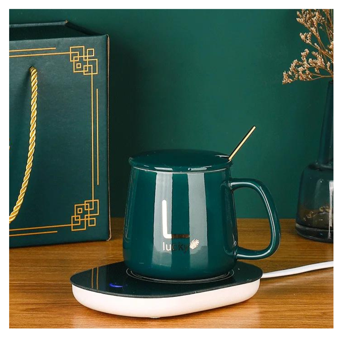 Taza de Cerámica y Portavaso con Calentador USB