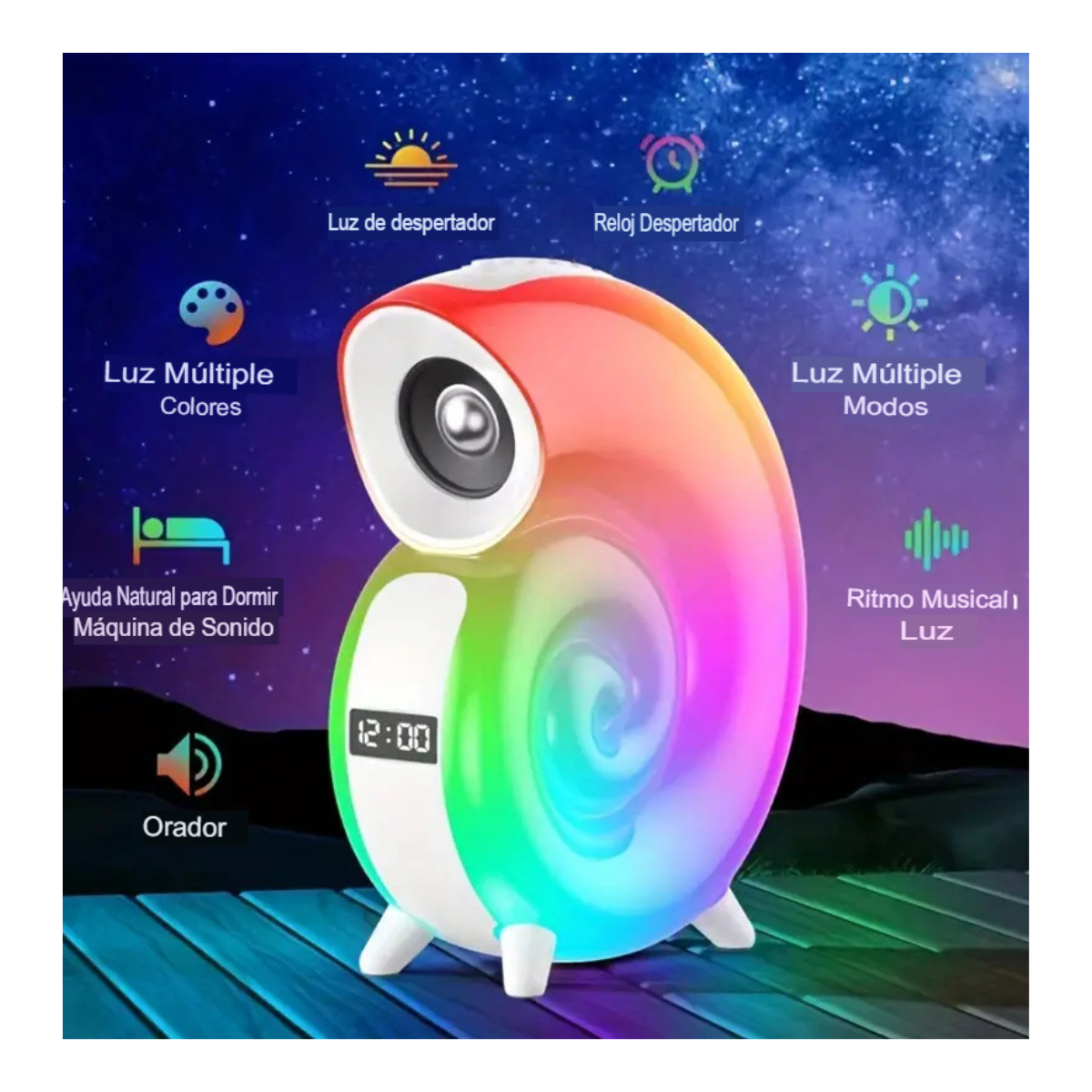 Altavoz Bluetooth en Forma de Caracola - Sonido Estéreo, Lámpara Multifuncional y Carga Inalámbrica