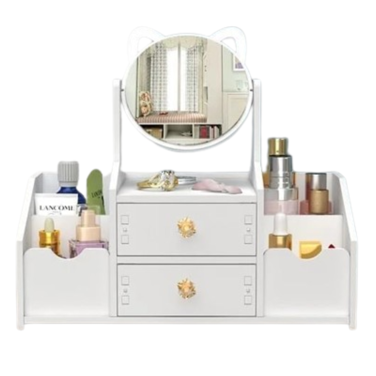 Organizador de Maquillaje con Espejo Giratorio 360° | Almacenamiento Versátil y Elegante