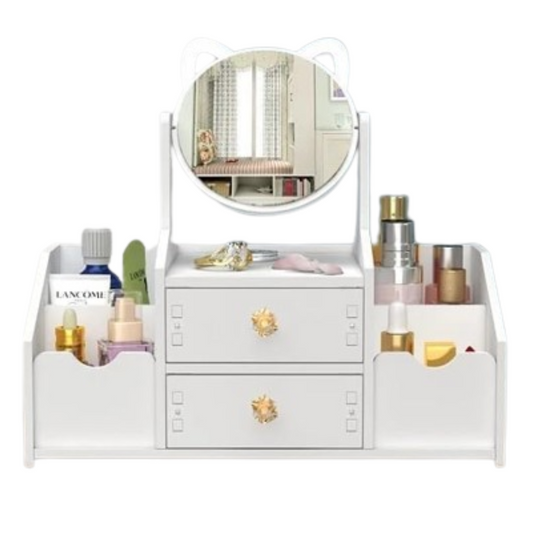 Organizador de Maquillaje con Espejo Giratorio 360° | Almacenamiento Versátil y Elegante
