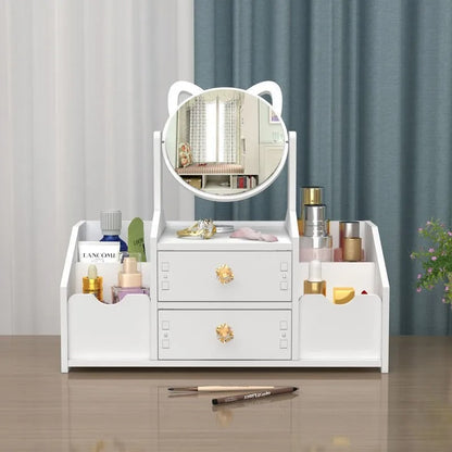 Organizador de Maquillaje con Espejo Giratorio 360° | Almacenamiento Versátil y Elegante