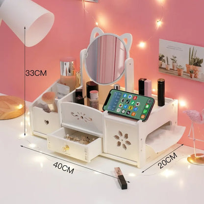 Organizador de Maquillaje con Espejo Giratorio 360° | Almacenamiento Versátil y Elegante