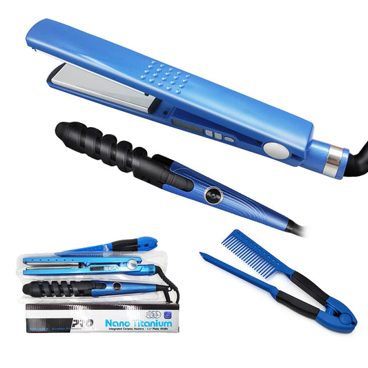 Kit de Plancha de Cabello, Rizadora y Peine Nano Titanium - Peinado Profesional Rápido y Sin Daño