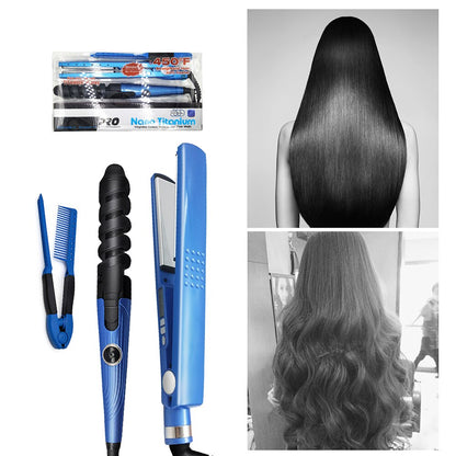 Kit de Plancha de Cabello, Rizadora y Peine Nano Titanium - Peinado Profesional Rápido y Sin Daño